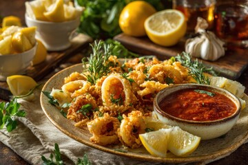 Crispy fried calamari s served with rich marinara sauce and fresh lemon wedges on a rustic wooden table with herbs and seasonings for appetizer