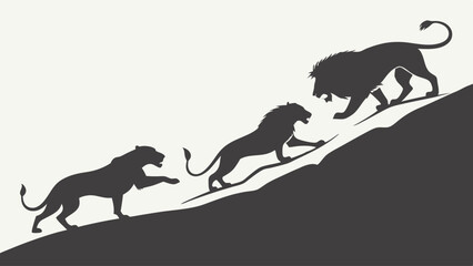 Ambitious Lions Ascending Hill Silhouette for Business Success Leadership and Personal Growth Journey