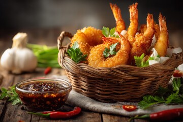 Crispy golden fried shrimp with fresh herbs in a rustic basket served with spicy dipping sauce on a dark wooden surface