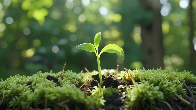 Small seedling emerges from mossy ground in a sunlit forest showcasing nature's resilience and the promise of new growth in a vibrant green environment