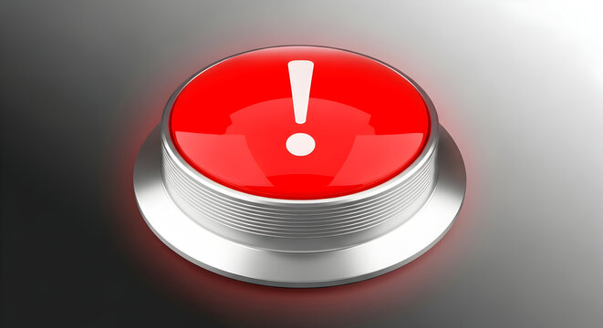 Bright red alert button with exclamation mark glows with urgency and danger.