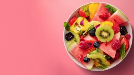 Assorted fresh fruit salad bowl filled with colorful slices of watermelon kiwi berries pine and raspberries on pink background for healthy snack