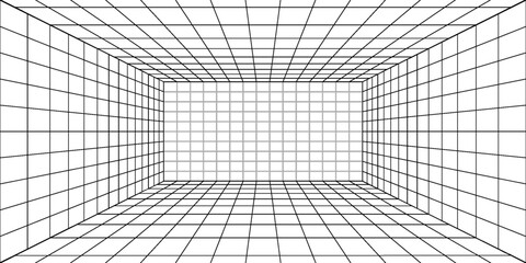 Mesh 3d room. Digital blank space with geometric perspective grid futuristic interior with abstract vector rendering