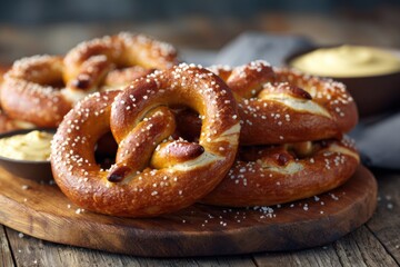Delicious soft pretzels with coarse salt served on a wooden board with dipping sauces in a rustic kitchen setting