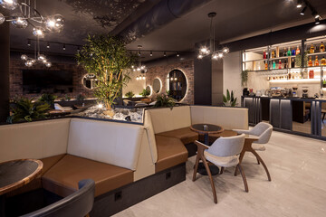 Interior of an empty modern hotel restaurant