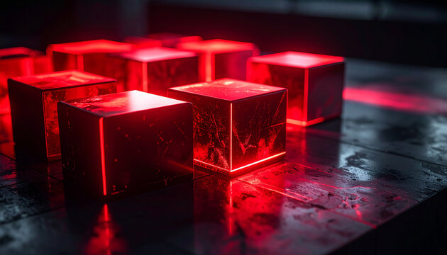 Glowing red cubes arranged on table, dark moody atmosphere, modern abstract composition