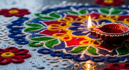 Obraz premium Stunning Diwali celebration with vibrant rangoli art and a glowing diya lamp, perfect for cultural event promotions.