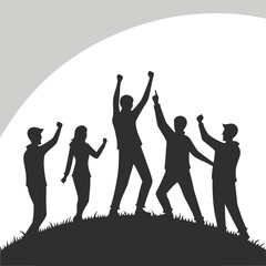 Silhouette of diverse group celebrating together on elevated platform with abstract light curve isolated on transparent background