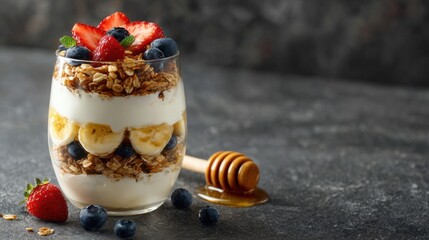 Delicious layered fruit dessert in a glass with fresh berries banana granola yogurt and honey on dark textured background
