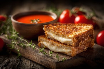 Delicious crispy breaded fish fillet served with classic tomato soup garnished with fresh herbs and ripe cherry tomatoes on rustic wooden background