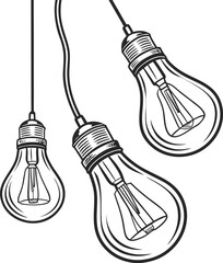 Three hand drawn vintage edison light bulbs suspended from cords atmospheric lighting isolated on transparent background