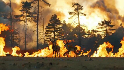 Two deer stand amidst a raging wildfire with flames engulfing the forest and smoke filling the sky creating a dramatic and urgent scene of environmental crisis