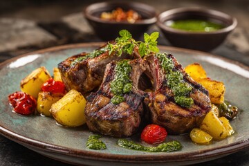 Delicious roasted lamb chops served with roasted potatoes cherry tomatoes and fresh herbs on a rustic ceramic plate with dipping sauces in the background