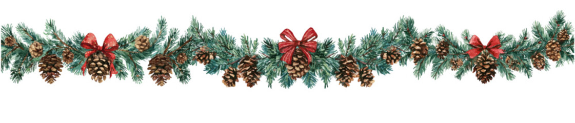 Watercolor border with Christmas garland. Vintage garland of green Christmas tree branches decorated with pine cones and red bows. Template for Christmas banners, designs, etc. 