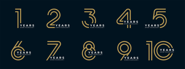 Set of vector logo designs for 1st to 10th anniversary, in gold color for celebrations, weddings and birthday