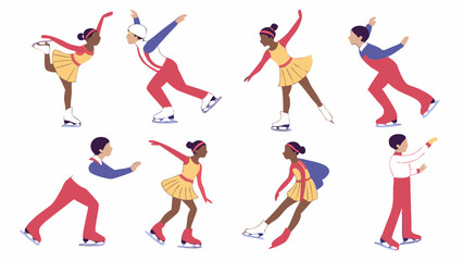 Diverse Ice Skaters Gracefully Performing Winter Sports. Happy Multi-ethnic Kids and Adults Practicing Figure Skating Activities and Training.