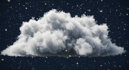 A fluffy white cloud floats amidst a dark blue background, with snowflakes falling