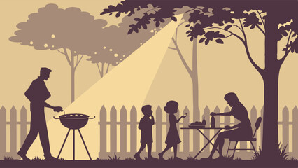 Happy Family Barbecue in Backyard. Parents and Kids Grilling and Enjoying Summer Evening Outdoors