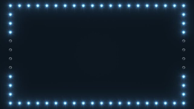 Videoanimation of glowing frame animation of blue light bulbs on a dark background - seamless loop. 
