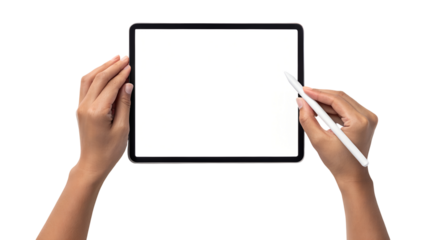 Two hands grasp a tablet with a blank white screen, one hand holding a stylus poised to draw or write. Transparent png isolated.