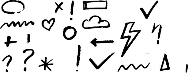 Collection of Hand-Drawn Black and White Symbols and Icons on White Background