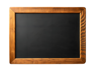 A clean, isolated transparent png depicts a blank black chalkboard with a natural wooden frame, perfectly ready for content.