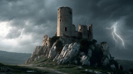 Horror-inspired poster with an abandoned stone castle on top of a rocky cliff, lightning striking in the sky