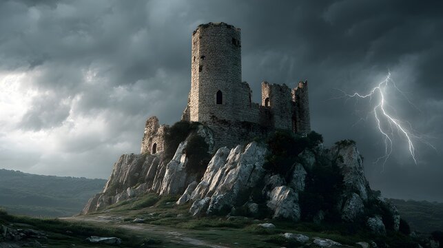 Horror-inspired poster with an abandoned stone castle on top of a rocky cliff, lightning striking in the sky