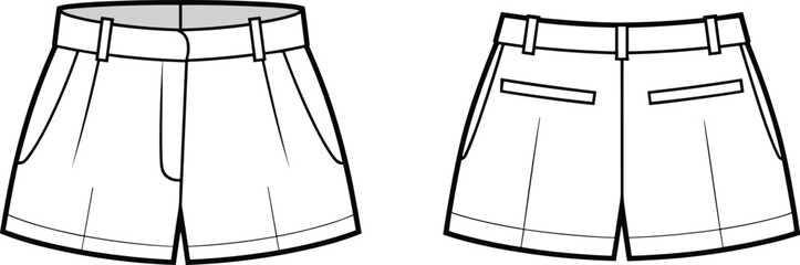Fashion CAD drawing, tailored shorts with welt pockets and belt loops, front and back view, technical flat sketch, apparel design, sewing pattern