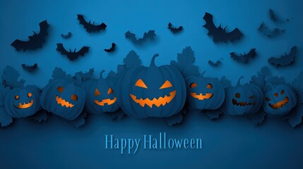 Halloween-Themed Background Template (Blue Color Scheme): Dark Blue Gradient, Pumpkins & Bats, Ample Text Space for Posters/Decor/Digital Designs