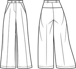 Fashion CAD drawing, wide leg trousers with high waist and front pleats, slanted side pockets, front and back view, technical flat sketch