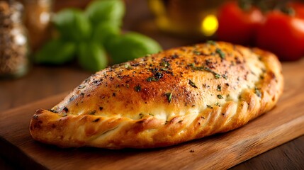 a freshly baked calzone cooling on a wooden board