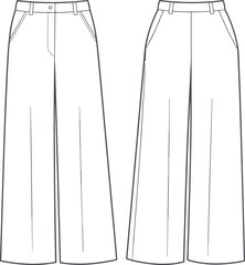 Fashion CAD drawing, wide leg trousers with high waist and slanted side pockets, front and back view, technical flat sketch, apparel design