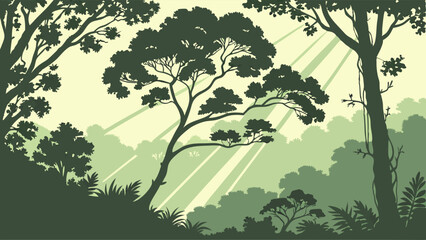 Lush Forest Silhouette with Sunlight Rays Vector for Nature Backgrounds Environmental Campaigns and Travel Promotions