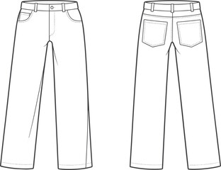 Fashion CAD drawing, straight leg pants with coin pocket and patch pockets, front and back view, technical flat sketch, apparel design