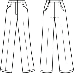 Fashion CAD drawing, high waist trousers with cuffed hem and belt loops, front and back view, technical flat sketch, apparel design
