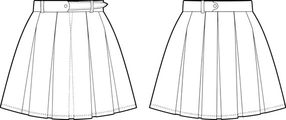 Fashion CAD drawing, pleated skirt with belt and button closure, front and back view, technical flat sketch, garment construction, apparel design