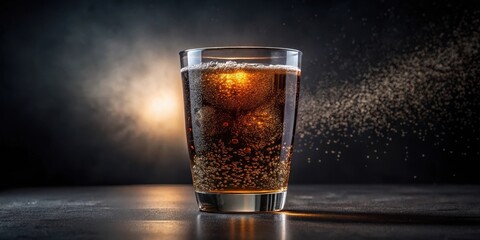 A Refreshing Glass of Sparkling Brown Beverage on Dark Surface with Bubbly Fizziness
