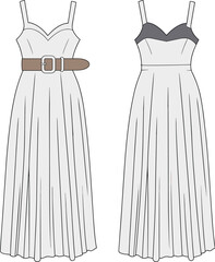 Fashion CAD drawing, spaghetti strap pleated dress variations, sweetheart neckline, technical flat sketch, garment construction, apparel design, sewing pattern, clothing illustration