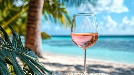 Glass of Ros? Wine on a Tropical Beach with Palm Tree and Ocean View.