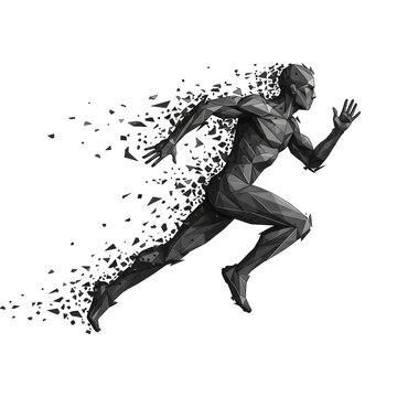 Dynamic illustration of a man running, dissolving into geometric particles. Isolated on transparent background, png