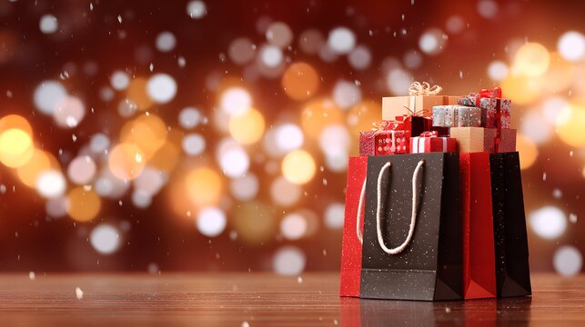 Black Friday shopping bag mockup filled with gifts against a festive bokeh background