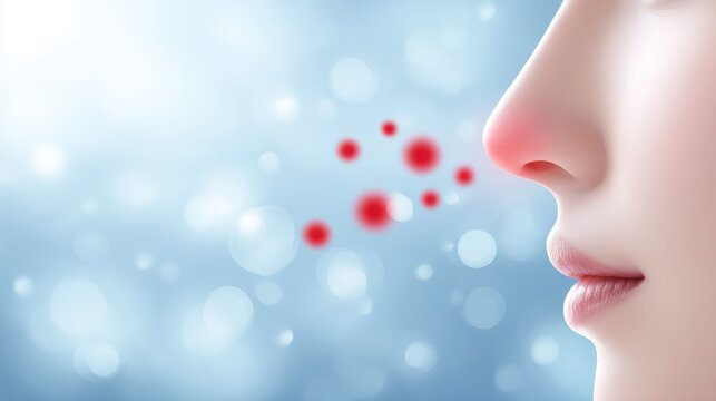 A close-up side view of a human face showing a red nose and floating germs, symbolizing allergic reactions. Allergies caused by dust and bacteria.