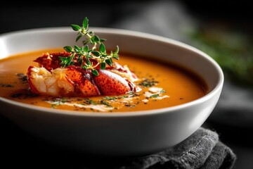 Fresh creamy lobster bisque soup served in a white bowl with garnished herbs and spices, rich and flavorful seafood appetizer perfect for dining