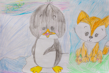 Childs Drawing of a Penguin and Fox Cub