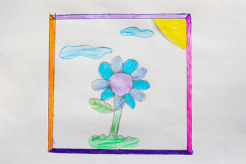 Childs Colored Pencil Drawing of a Blue Flower in a Sunny Landscape