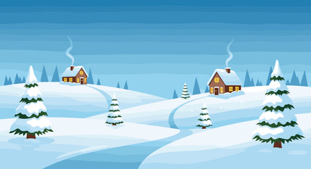A serene winter landscape unfolds with snow-covered trees and charming houses.