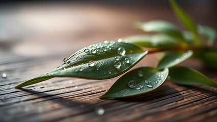 Obraz premium Close-up of fresh tea leaves on a wooden surface, glistening with morning dew under soft natural light.
