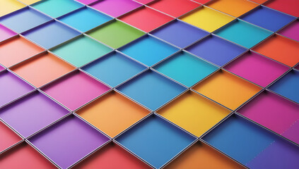 This image displays a vibrant, three-dimensional geometric pattern of square tiles