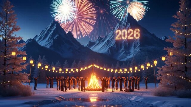 2026 New Year Celebration with Fireworks, Winter Mountain Landscape and Bonfire Party Night Scene